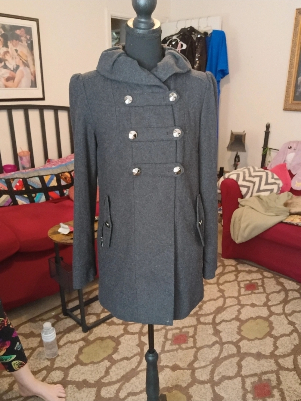 Candie's Charcoal Gray Double-Breasted Pea Coat Size Small Pre-owned